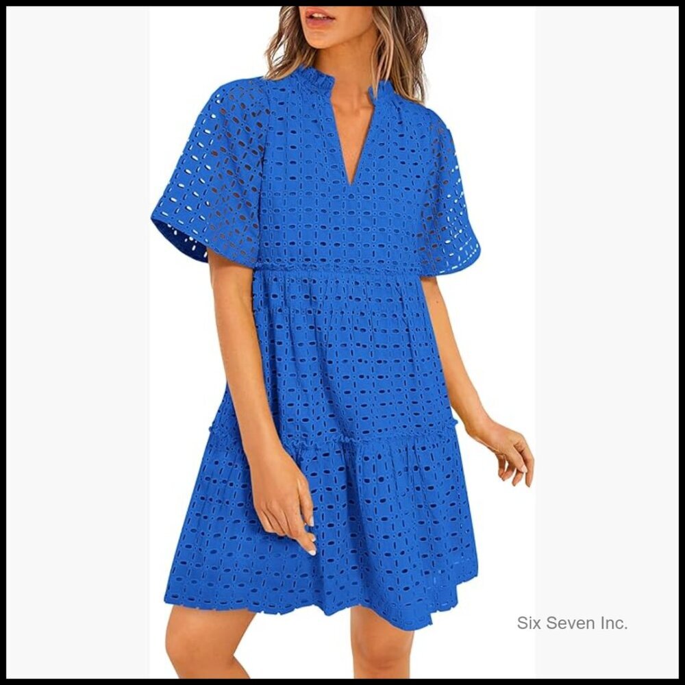 Cotton Eyelet V-Neck Mini Dress with Hollow Out Ruffle Details